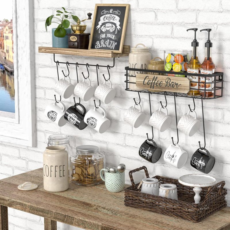 Gracie Oaks Coffee Cup Holder 2 Pack Coffee Bar Shelf With 12 Mug Hooks Mug Organizer Floating Mug Racks For Wall Coffee Cup Display Hanger Pods Holder Farmhouse Coffee Bar Decor Kitchen